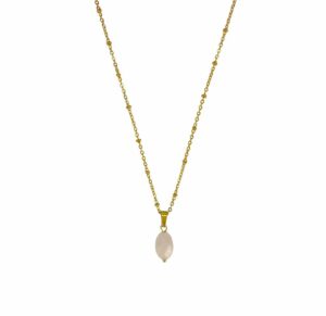 Ketting met de edelsteen rozenkwarts ook wel de steen van de liefde genoemd. De ketting is gemaakt van RVS en goudkleurig. Lengte ketting: 42 cm + extra lengte