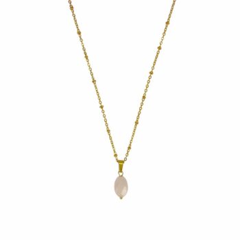 Ketting met de edelsteen rozenkwarts ook wel de steen van de liefde genoemd. De ketting is gemaakt van RVS en goudkleurig. Lengte ketting: 42 cm + extra lengte