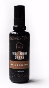 Full Moon spay van rock your world in een donker glazen flesje met een zwart bruin label.
