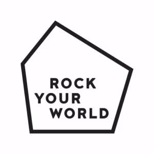Het logo van Rock your world in zwart op een witte achtergrond