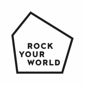 Het logo van Rock your world in zwart op een witte achtergrond