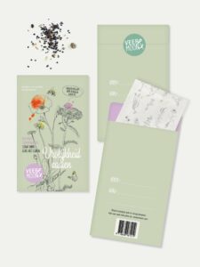 Bloemenzaden Vrolijkheid van Veer&Moon. Oude verpakking staan prachtige bloemen getekend.