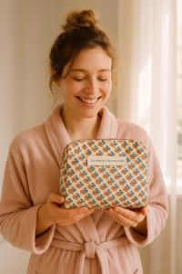 vrouw met toilettas in de kleur creme met blauw en koraal.