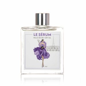 Théophile Berthon Iris en Patchouli Huidolie, glazen fles met label, met een paarse tekening van een vrouw.