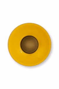 Bovenaanzicht van een exclusieve metalen vaas in warm geel, met een elegante ronde vorm en verfijnde afwerking.
