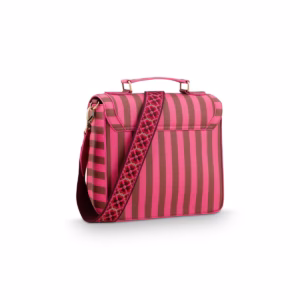 Achterkant van de Pip Studio Crossbody-Tas Roze/Bordeaux met gestreept design, goudkleurige details en een verstelbare schouderband met geborduurde bloemenprint.