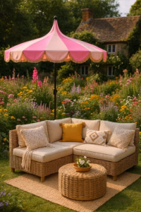 Roze parasol met franjes van In The Mood Collection in een tuin met bloemen en loungebank.