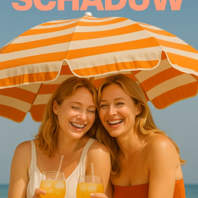 Vriendinnen genieten samen op het strand onder een retro parasol, met een glaasje en veel plezier.