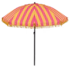 Geel-roze parasol met franjes van In The Mood Collection – gestreept doek in zonnige tinten.