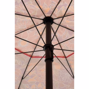 Roze parasol met hartjesprint van onderaf gefotografeerd, zicht op de hartjes.