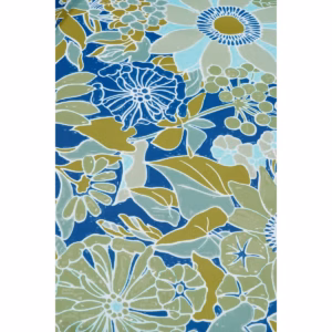 Close-up van de stof van de blauwe parasol met bloemenprint gedetailleerd zicht op het materiaal en patroon.