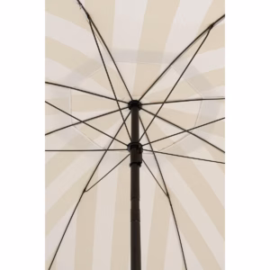 Close-up van zwart-witte parasol met franjes van onderaf gezien.
