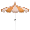 Bruine parasol met franjes van In The Mood Collection, met gestreept doek en UPF 30+ zonbescherming.