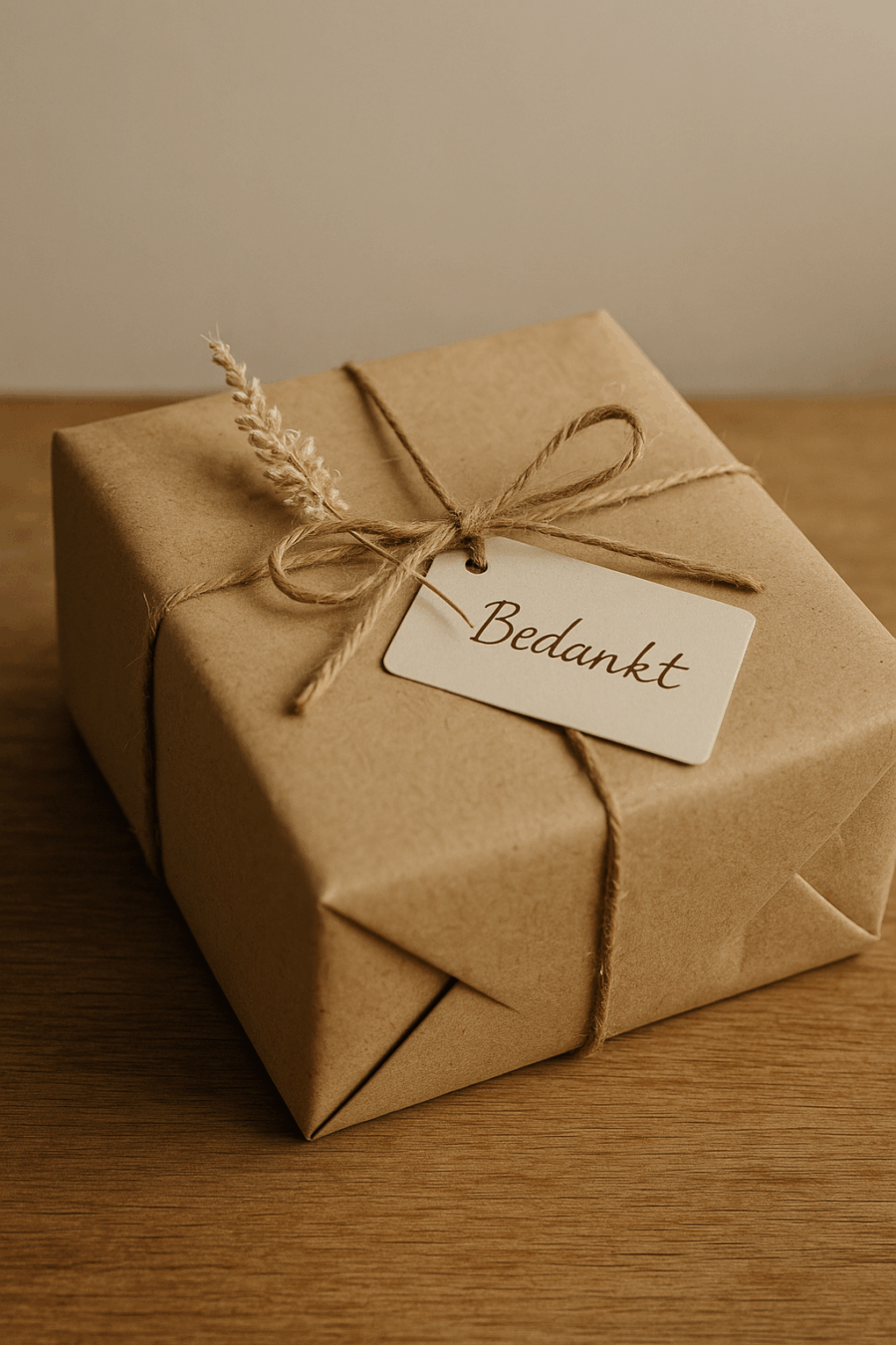 Verzenddoos van gerecycled papier met handgeschreven kaartje, duurzaam verpakt op een houten tafel