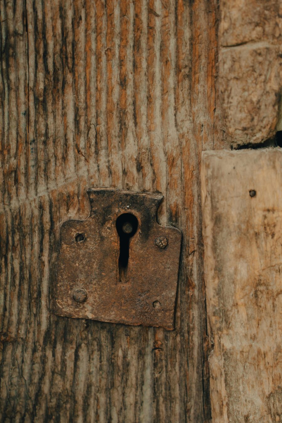 Close-up of an antique lock on a weathered, textured wooden door in Badgam.