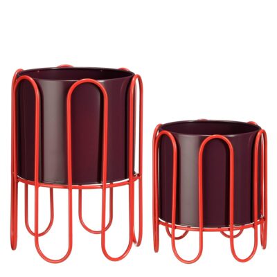 Dione Bloempot op Standaard - Set van 2 - H35 x Ø26 cm - Metaal - Donkerrood, Lichtrood