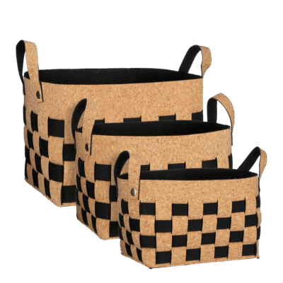 Opbergmand - Set van 3 - L40 x B30 x H30 cm - Kurk/Vilt - Zwart