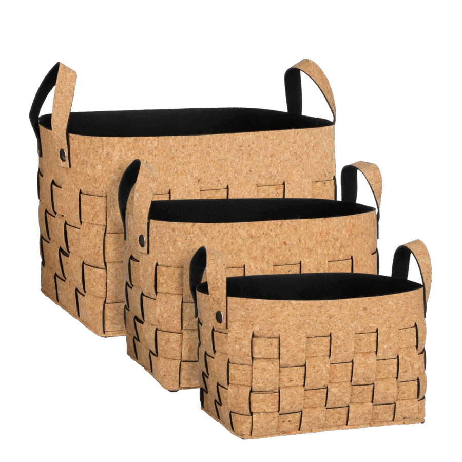 Opbergmand - Set van 3 - L40 x B30 x H30 cm - Kurk/Vilt - Bruin
