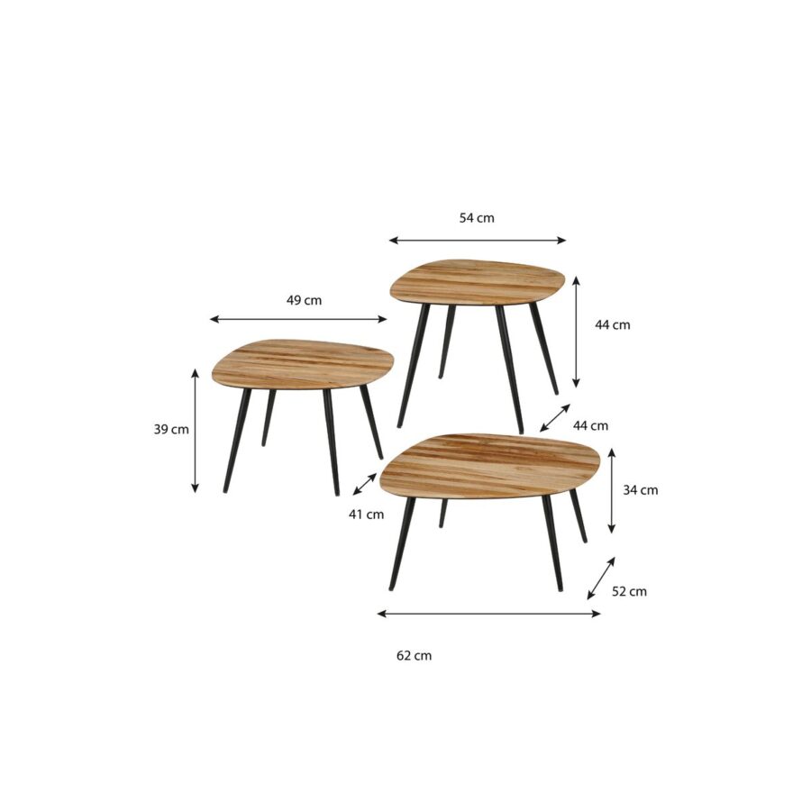 Jailey Bijzettafel - Set van 3 - L62 x B52 x H34 cm - Gerecycled Hout - Bruin - Afbeelding 2